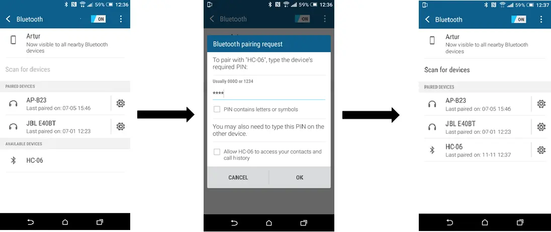 Bluetooth pairing with the Arduino device